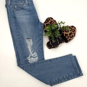 AG The MIDI Ankle Mid-Rise Cropped Jegging Distressed Stretch Jeans Faded Blue 2